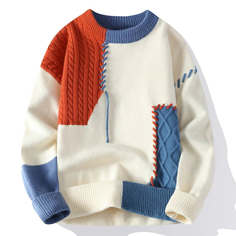 Men's Sweater American Retro Color Contrast Patchwork